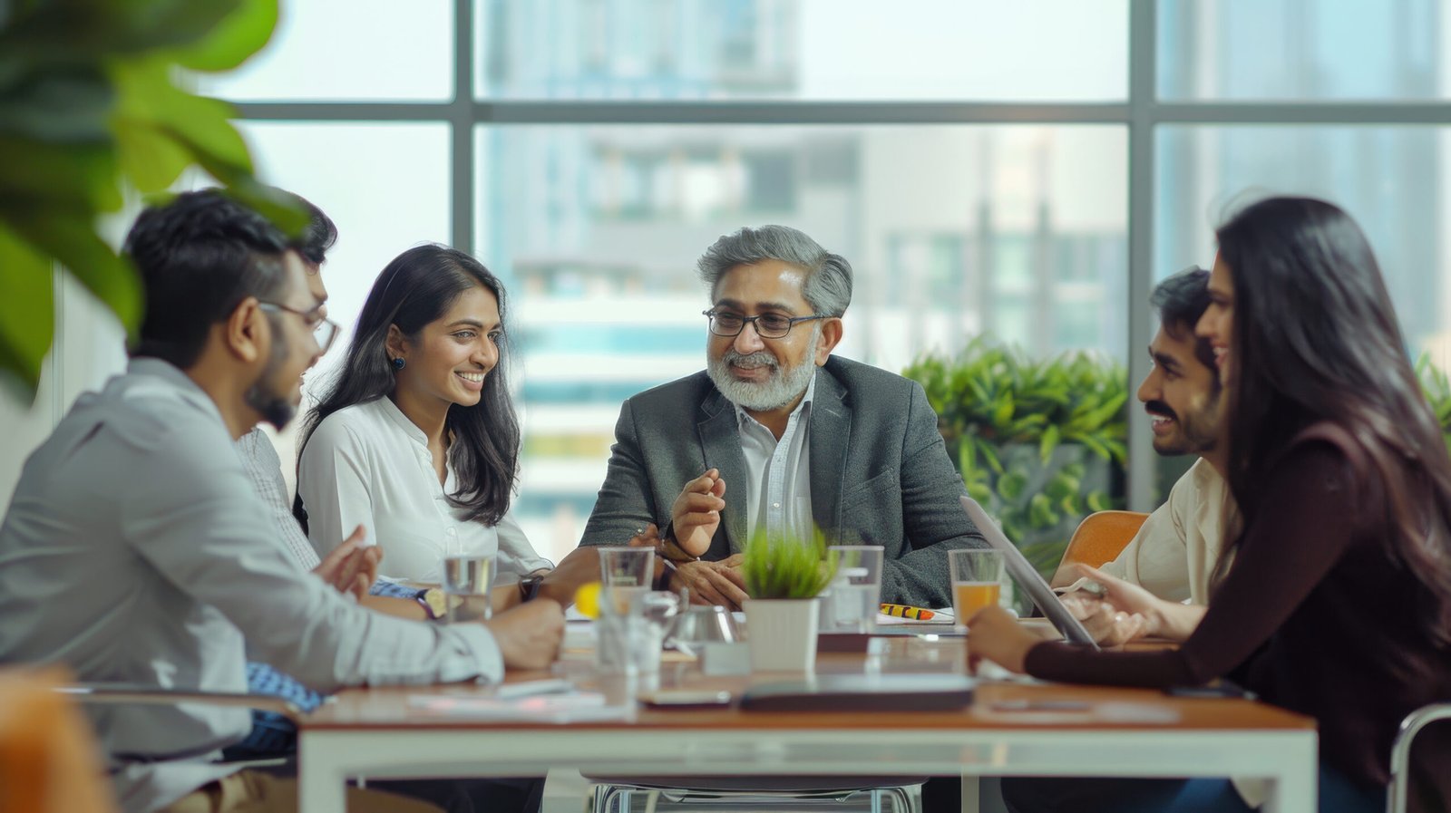 diverse team of joyful indian managers having a productive meeting in a sleek office setting